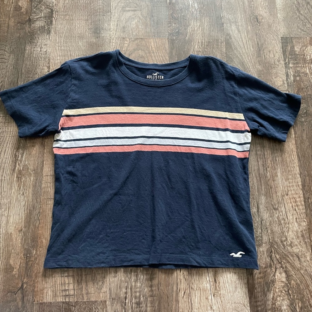 Hollister tee shirt loose fit navy striped size small
